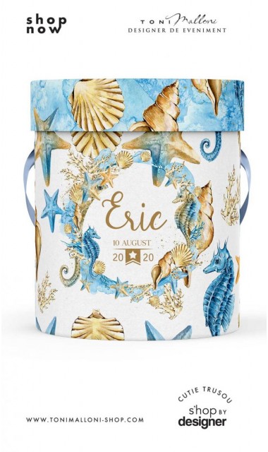 Cutie rotunda personalizata din mucava pentru trusou botez baieti Sea Horse 1